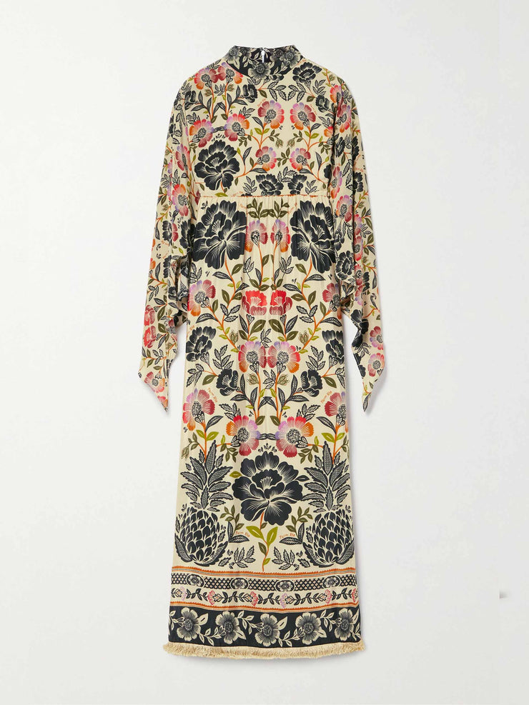Fringed floral-print crepe maxi dress