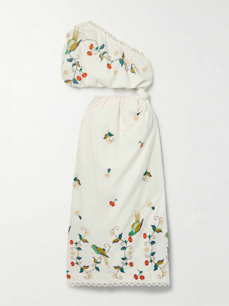 One-sleeve cutout linen-blend voile maxi dress
