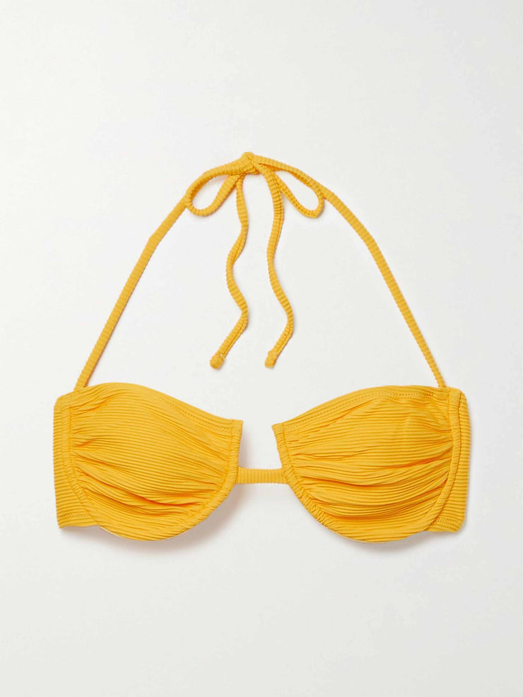 Yellow ribbed underwired halterneck bikini top