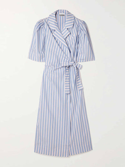 Ganni Blue stripe cotton wrap dress at Collagerie