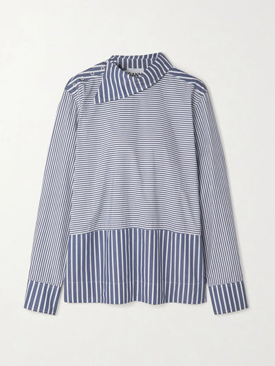 Ganni Grey asymmetric striped cotton-poplin shirt at Collagerie