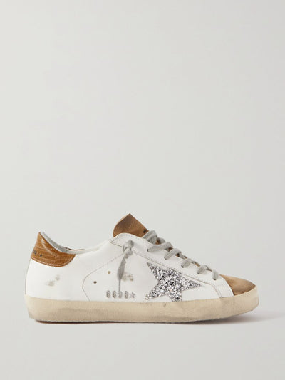 Golden Goose Glitter distressed leather and suede sneakers at Collagerie