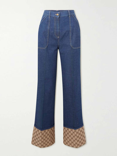 Gucci Wide leg jeans with monogram canvas trim at Collagerie