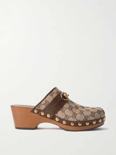 Gucci Stann horsebit-detailed leather-trimmed canvas-jacquard clogs at Collagerie