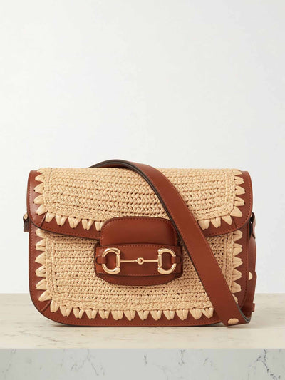 Gucci Crocheted raffia and leather shoulder bag at Collagerie