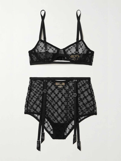 Gucci Black embroidered tulle bra and briefs set at Collagerie