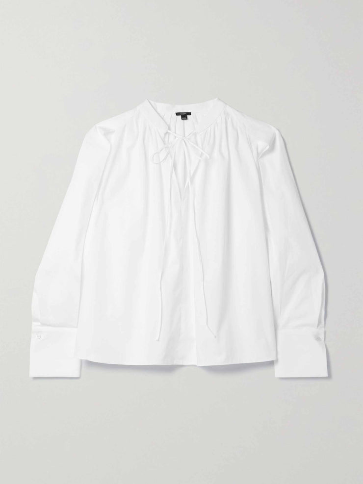 White tie-neck cotton-poplin blouse