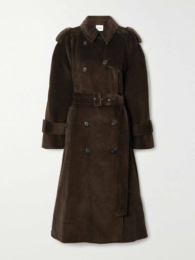 Khaite Selly belted double-breasted cotton-corduroy trench coat at Collagerie