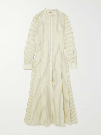 Khaite Waylon oversized pleated striped wool, silk and cotton-blend shirt dress at Collagerie