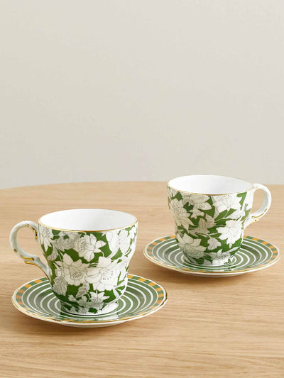 La DoubleJ Green floral gold-plated teacups (set of 2) at Collagerie