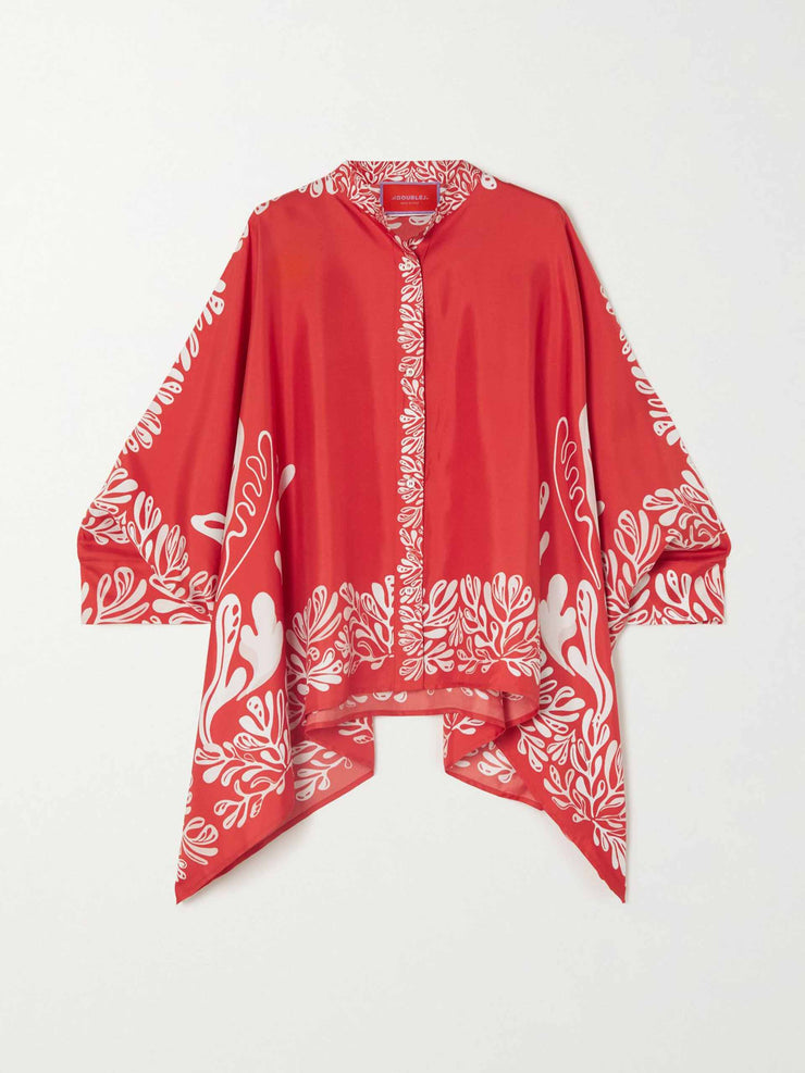 Red draped printed silk-twill shirt