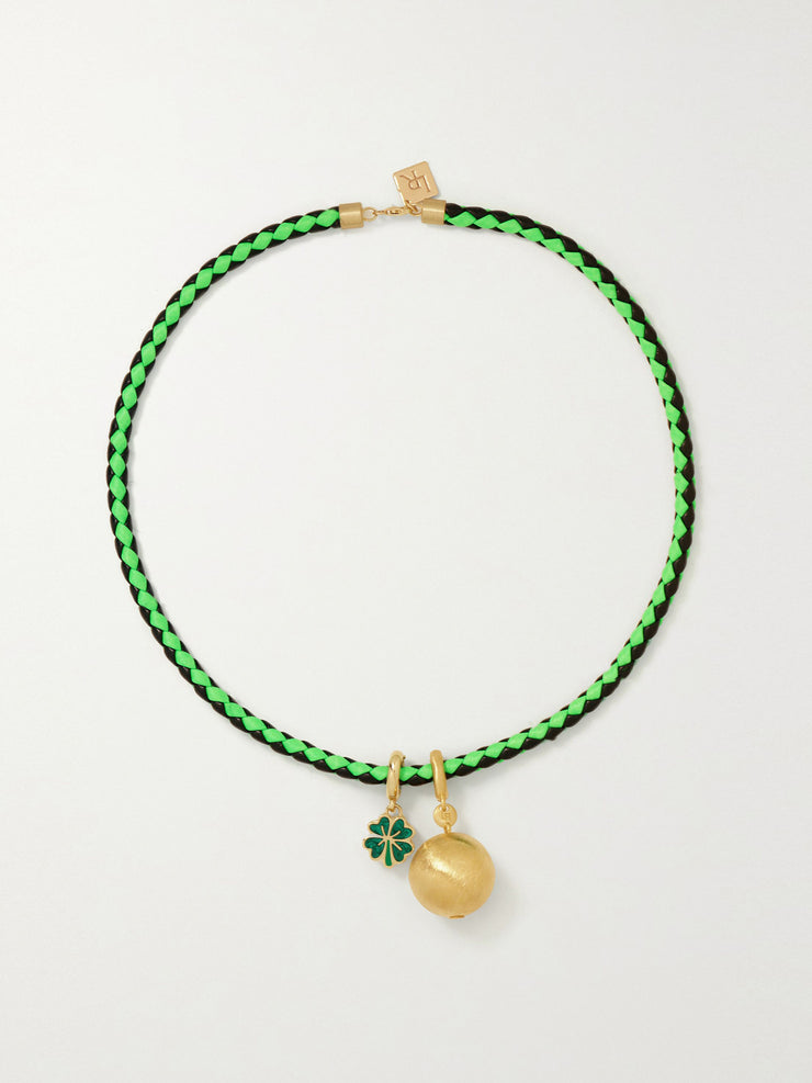 14kt gold, enamel and leather necklace