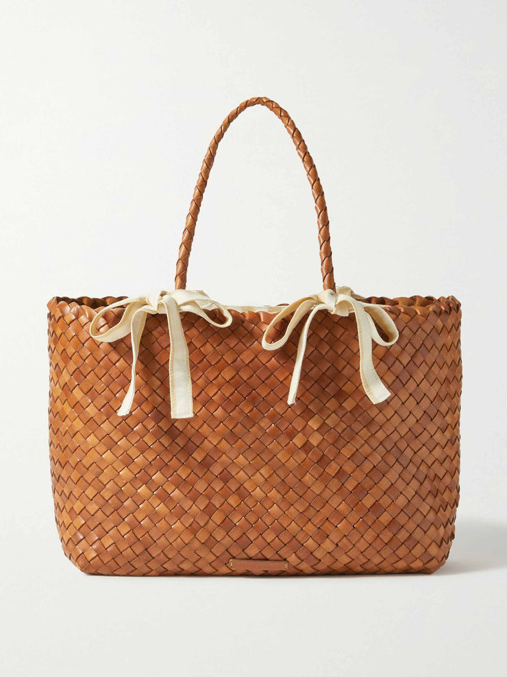 Bow-detailed woven leather tote