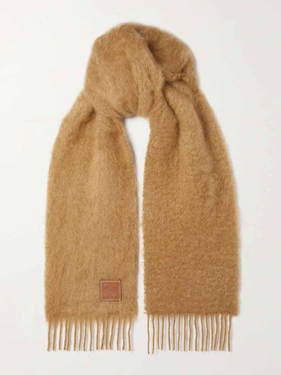 Loewe Fringed leather-trimmed mohair and wool-blend scarf at Collagerie