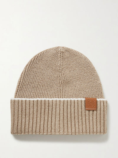 Loewe Leather-trimmed ribbed linen-blend beanie at Collagerie