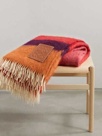 Loewe Fringed striped mohair and wool blend blanket at Collagerie