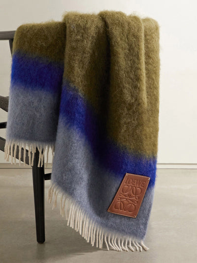 Loewe Leather-trimmed fringed striped mohair-blend blanket at Collagerie