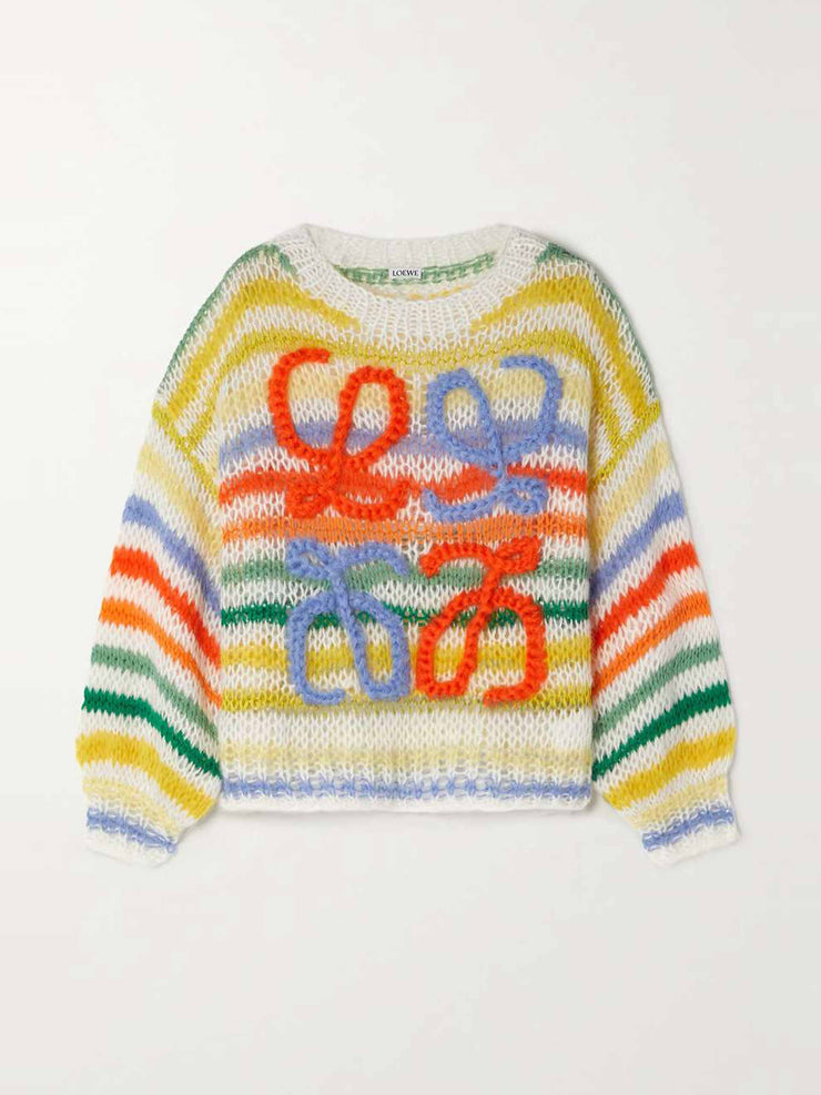 Anagram-appliqué striped mohair-blend sweater