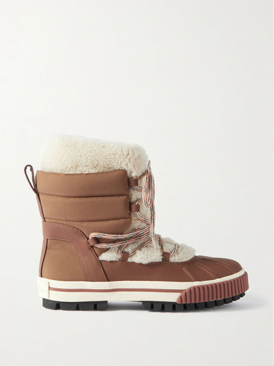 Loro Piana Brown leather-trimmed ripstop and faux shearling ankle boots at Collagerie