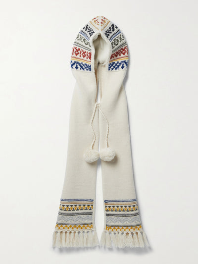 Loro Piana Hooded pompom-embellished fringed Fair Isle cashmere scarf at Collagerie