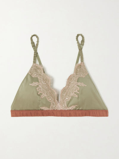 Love Stories Green lace-trimmed silk-blend satin soft-cup triangle bra at Collagerie