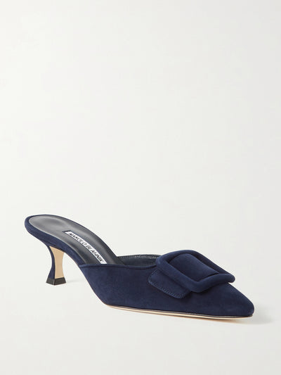 Manolo Blahnik Maysale 50 buckled suede mules at Collagerie