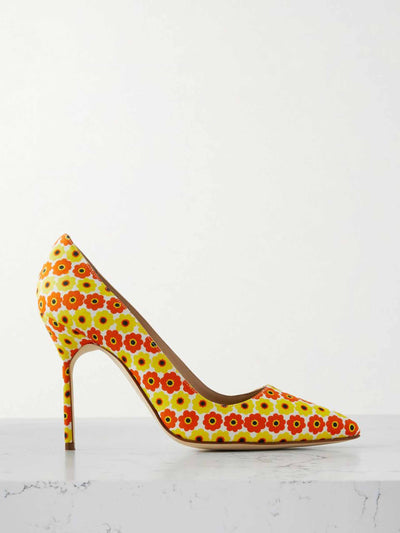 Manolo Blahnik Floral-print cotton pump heels at Collagerie