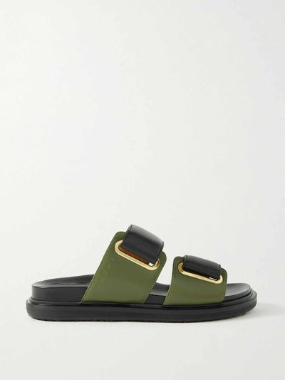 Marni Army green embellished leather slides at Collagerie