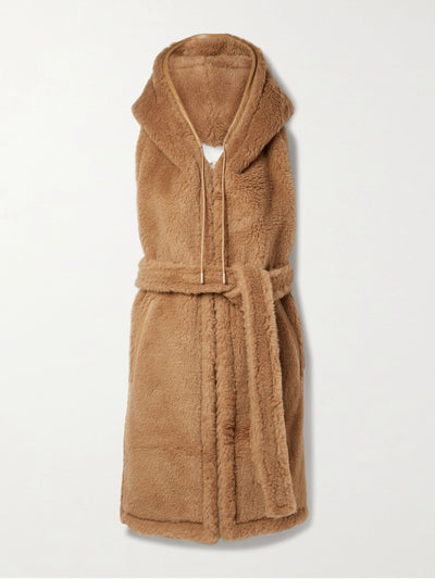 Max Mara Tan belted hooded camel hair and silk-blend wrap at Collagerie