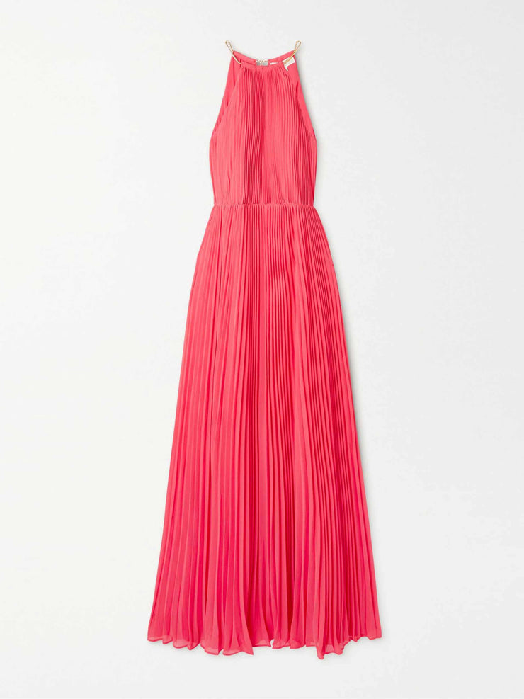 Chain-embellished pleated maxi dress