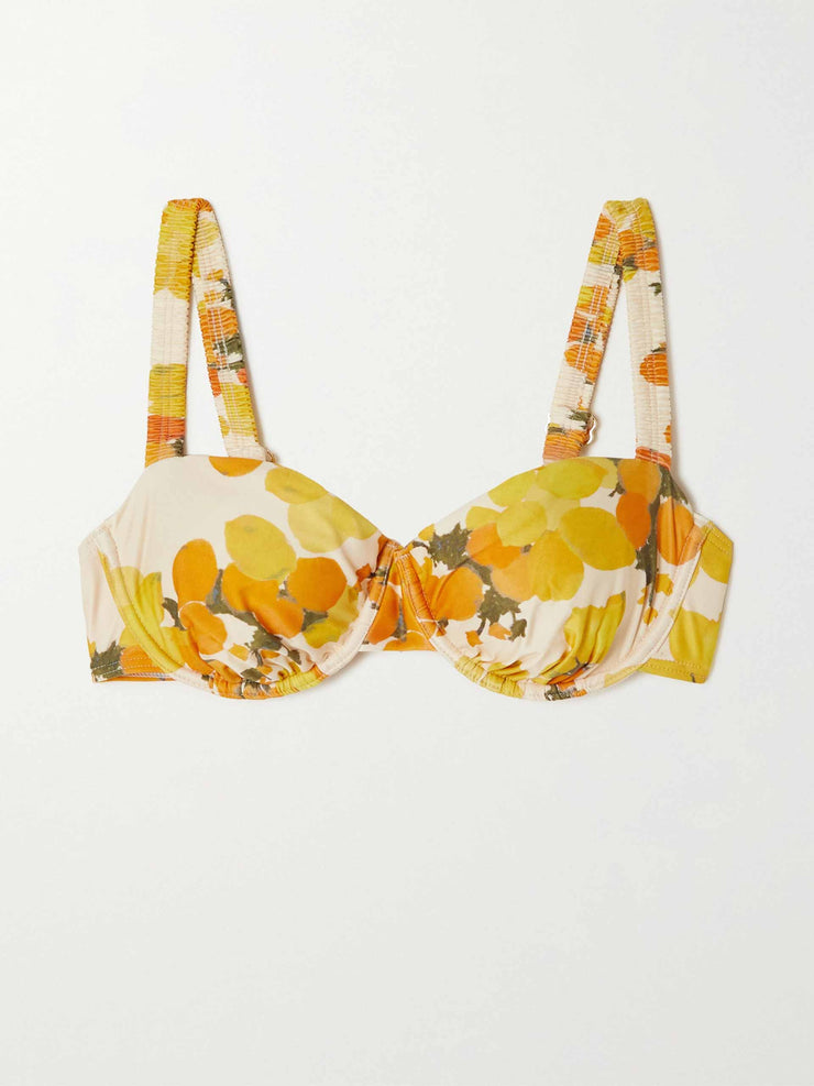 Yellow floral-print bikini top