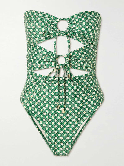 Peony Green floral print strapless swimsuit at Collagerie