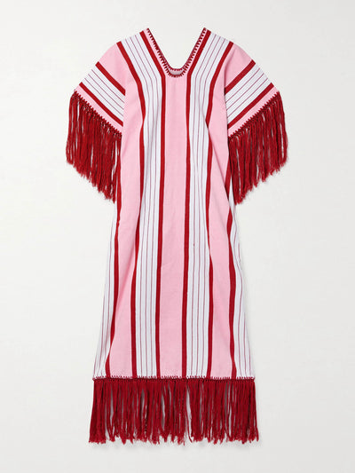 Pippa Holt Pink fringed striped embroidered cotton huipil at Collagerie