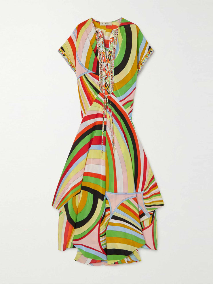 Asymmetric printed silk satin maxi dress