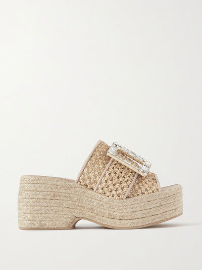 Roger Vivier Crystal-embellished raffia platform mules at Collagerie