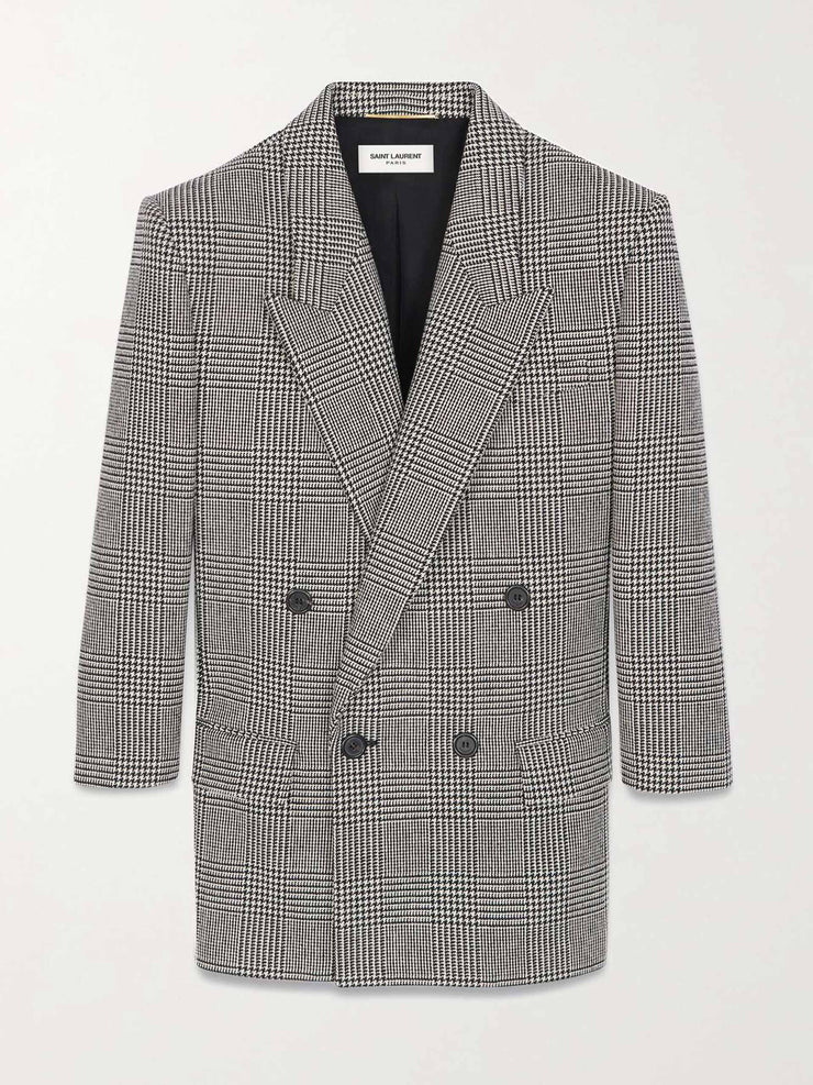 Double-breasted checked wool-blend blazer