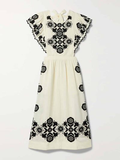 Sea Cream and black embroidered cotton midi dress at Collagerie