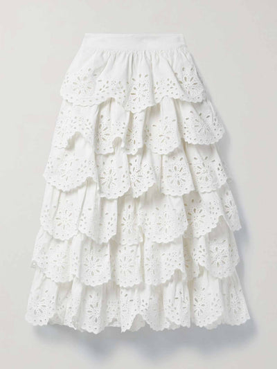 Sea Tiered broderie anglaise cotton and linen-blend midi skirt at Collagerie