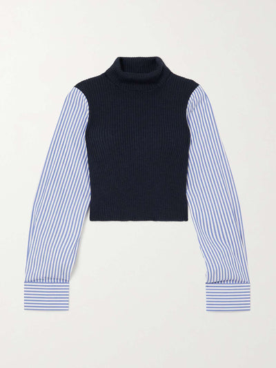 Staud Navy ribbed wool and striped poplin top at Collagerie