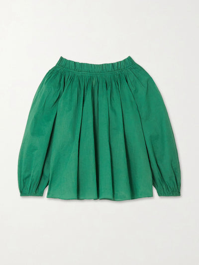 The Great. Green ruffled gathered cotton blouse at Collagerie