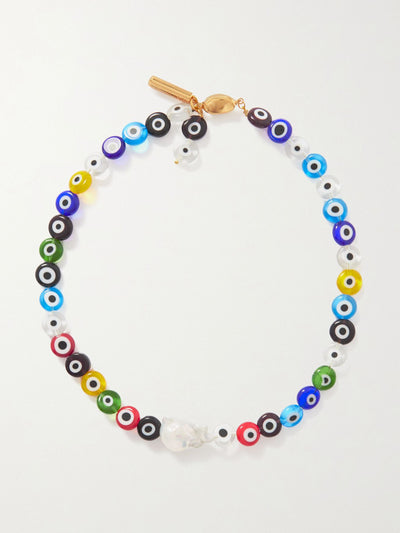 Timeless Pearly Gold-tone, pearl and evil eye bead necklace at Collagerie