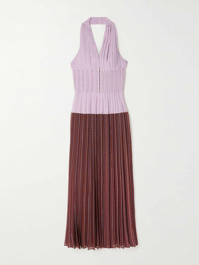 Tory Burch Paneled pleated voile halterneck midi dress at Collagerie