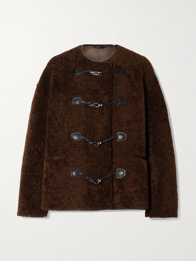Totême Brown leather-trimmed shearling jacket at Collagerie