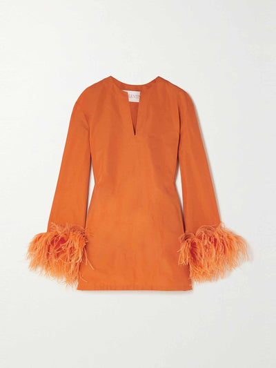 Valentino Orange feather trimmed mini dress at Collagerie