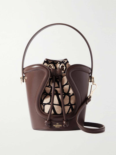 Valentino Sculpture leather and logo-jacquard bucket bag at Collagerie