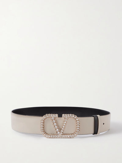 Valentino Valentino Garavani VLOGO crystal-embellished reversible leather belt at Collagerie