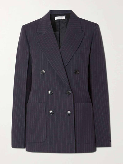 Victoria Beckham Double-breasted pinstriped woven blazer at Collagerie