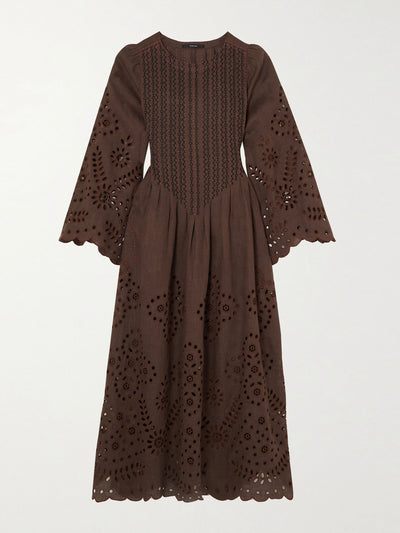 Vita Kin Embroidered broderie anglaise linen midi dress in brown at Collagerie