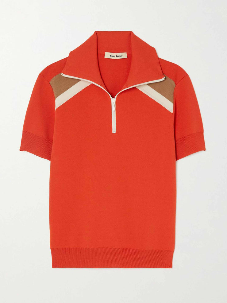 Red stretch-knit polo top