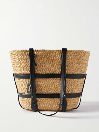 Saint Laurent Studded leather trimmed woven raffia tote at Collagerie